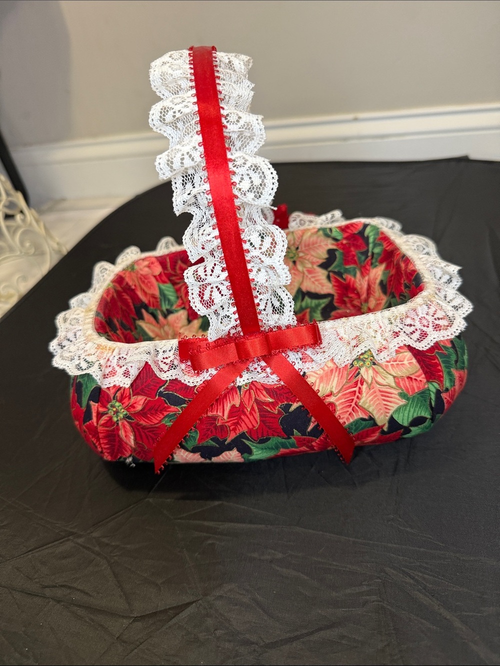 Handcrafted from my daughter Poinsettia Fabric Basket with Lace and Red Ribbon